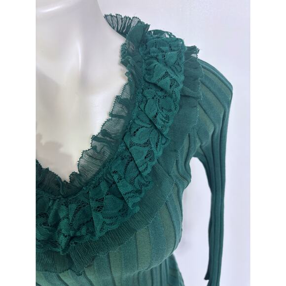 Vintage Evie Silk Ribbed Top Medium Victorian Green Lace Collar Holiday - Picture 7 of 13